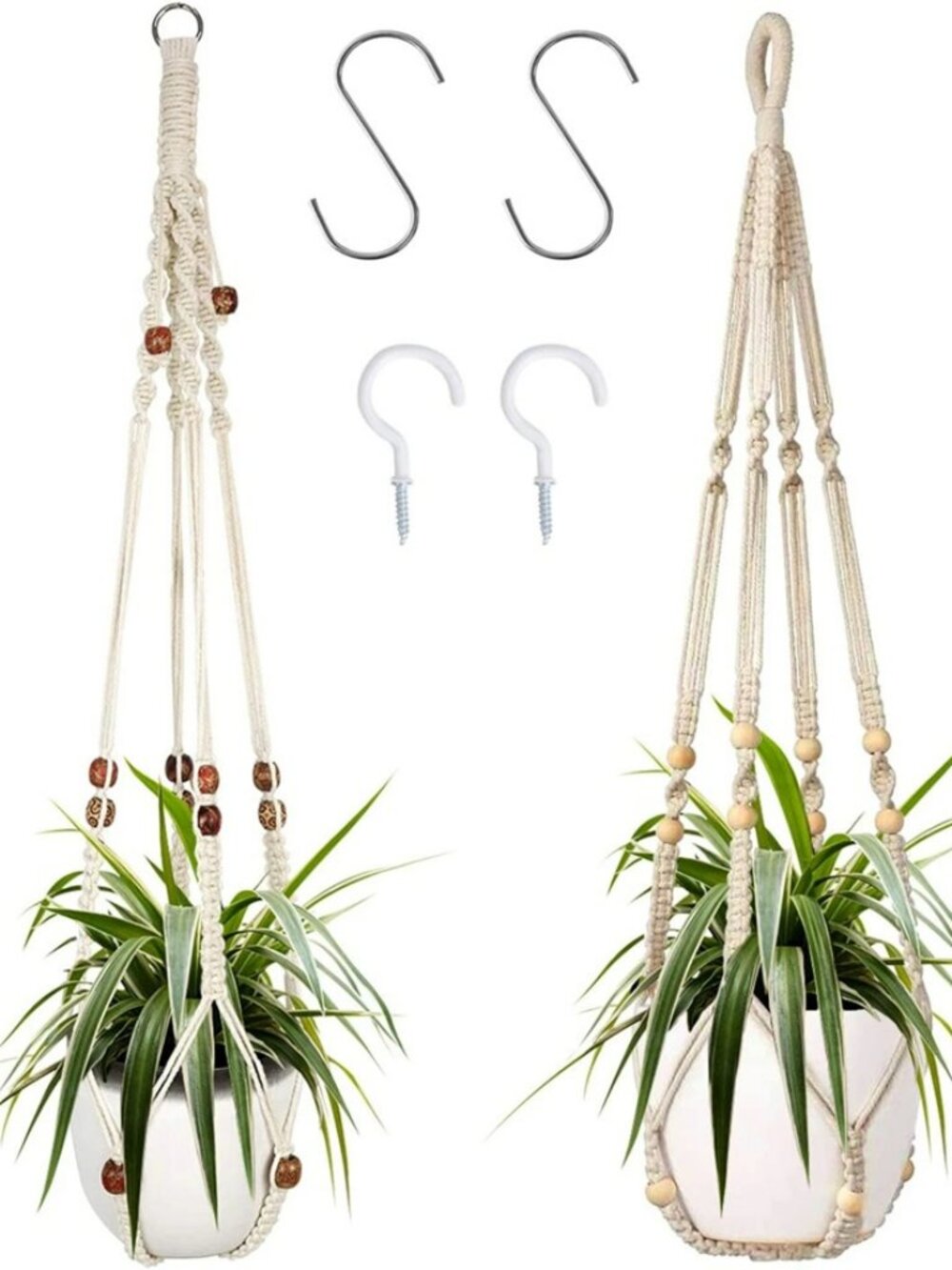Macrame Beaded Plant Hangers 2 PCs White Approx 34" Garden Home Decor NEW